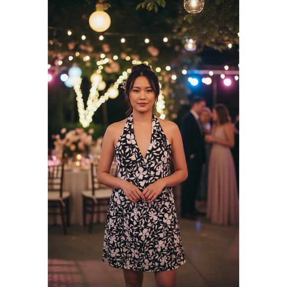 Kay Unger Black & White Floral Beaded Halter Dress – Size 12 – Elegant A-Line 🌺 - Picture 2 of 11